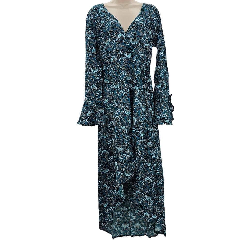 Band Of The Free Womans size M Jewel Teal Floral Faux Wrap Maxi Dress Boho NEW